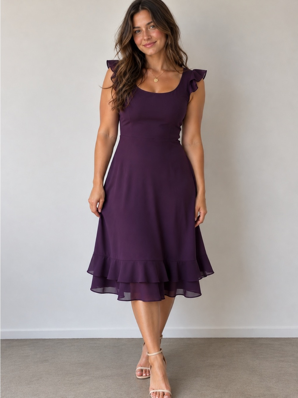 Vintage Jessica Purple Midi Dress Size 6 Flutter Sleeve Ruffle Hem Romantic 90s